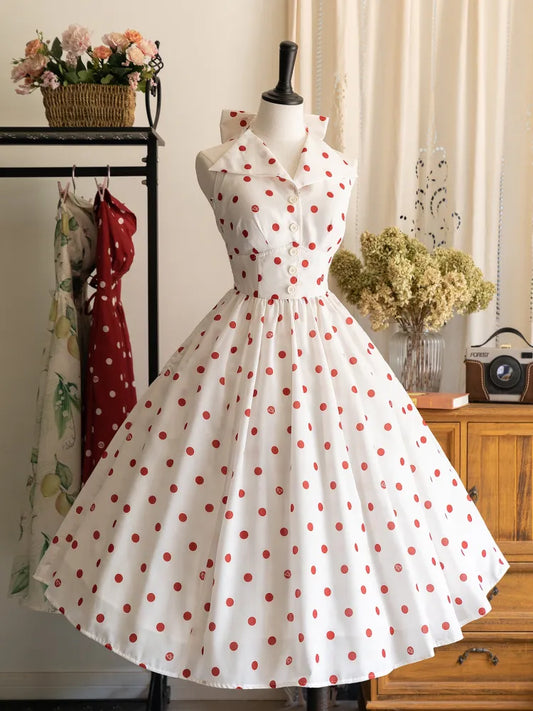 Muster Polka Kleid Punkte Schleife Halfter Big Fashion Retro Print Rückenfrei Rücken Hals