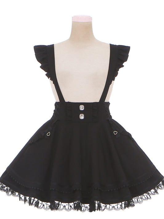 Tiered with at Back Skirt Sleeves Jirai Kei Black Overalls Embellished Bow Flutter Big Rhinestones