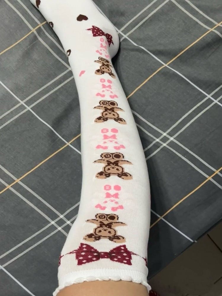 Stockings Accents) White Style Teddy (Color: Pink/Burgundy Bow Pattern with Bear Lolita
