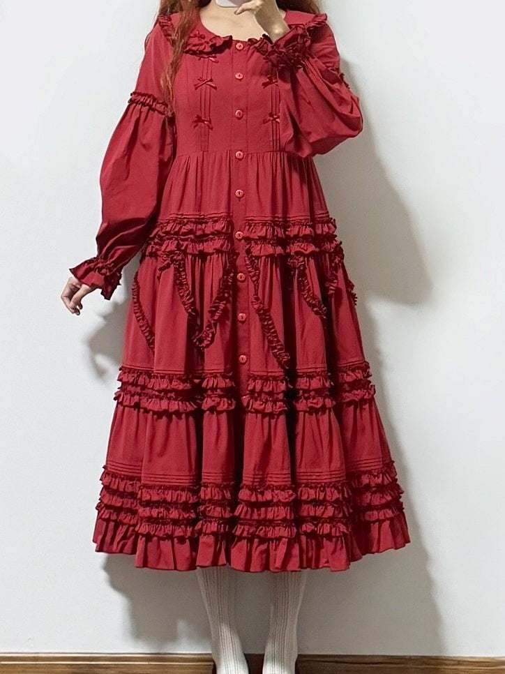 Detail Ruffle Red Elegant Sleeves with Button-Front Dress Tiered Long Lolita