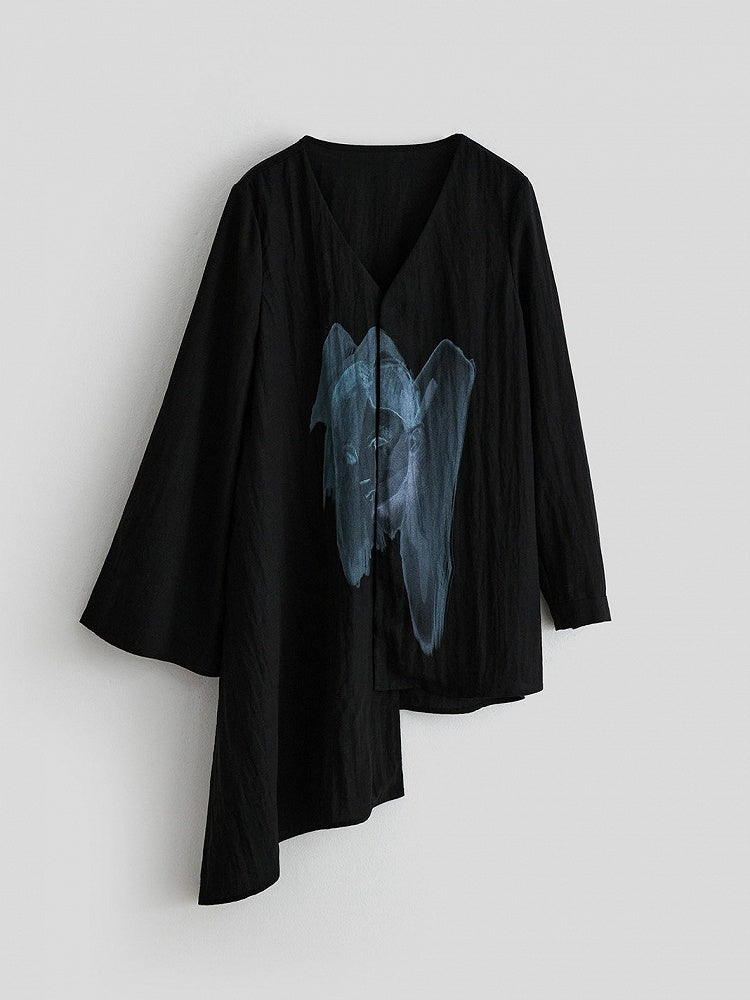 Asymmetric V-Neck Long Sleeve Top with Figure Print - INDULGE