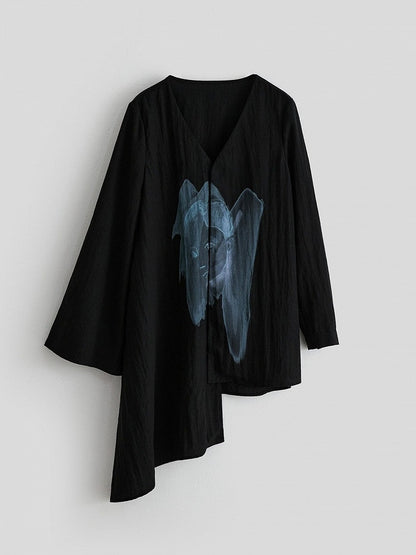 Asymmetric V-Neck Long Sleeve Top with Figure Print - INDULGE