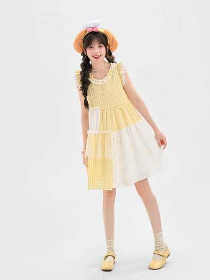Plaid Dress Tiered Yellow Patchwork Design Flutter Sleeves Sweet