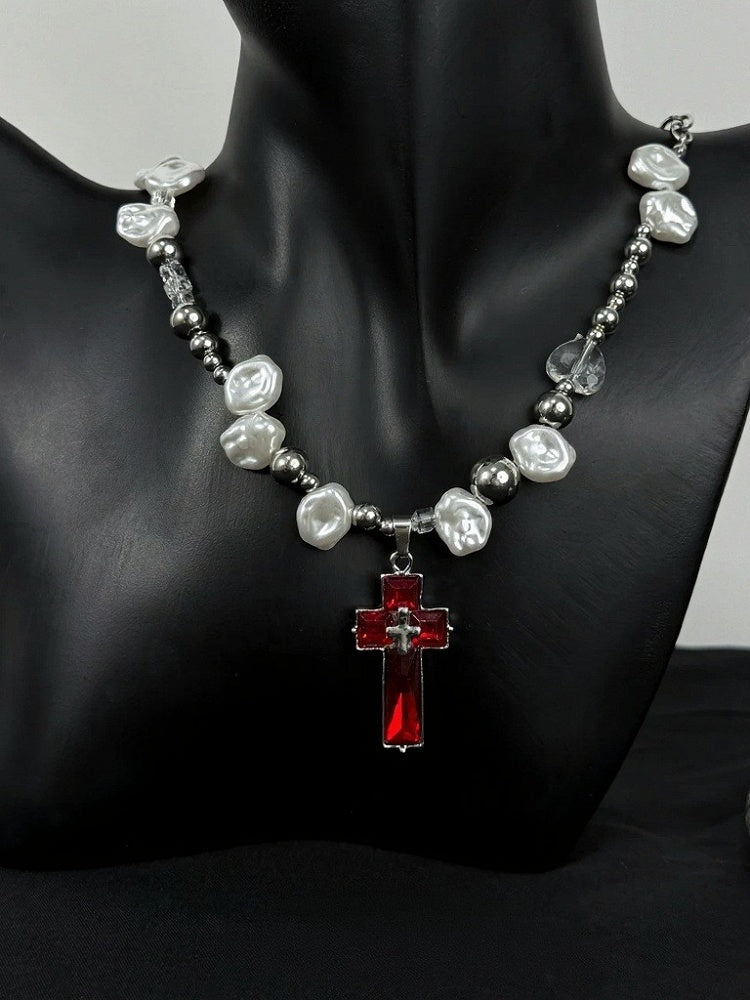Y2K Red Cross Pendant with White Pearl Beads - YSHXS