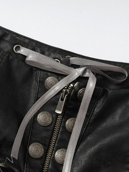 Black Faux Leather Shorts with Lace Trimmed Hems - NO ROMANCE