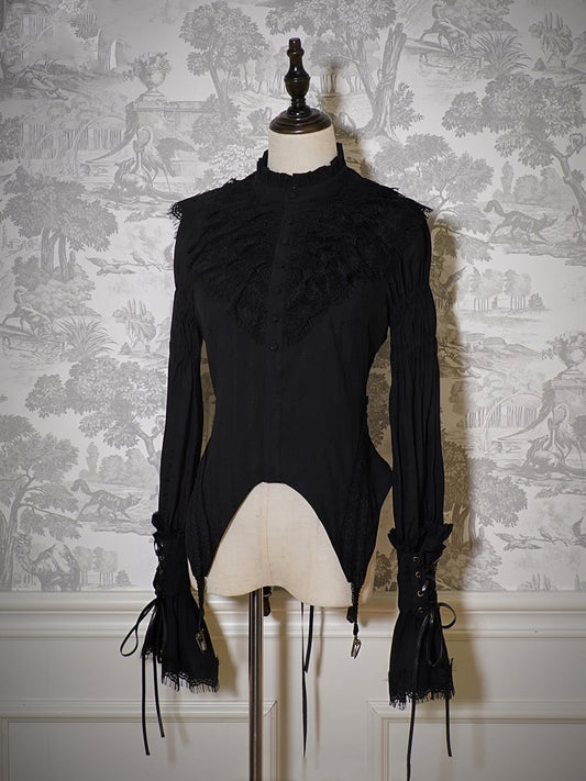 Black Ruffle Neckline Leg-of-Mutton Sleeves Blouse