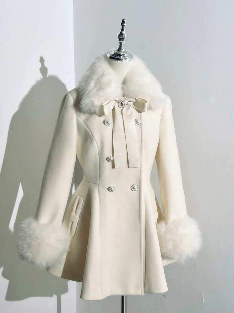 Apricot Coat Jirai Kei Big Bow Breasted with Double Detachable Fluffy Collar and Cuffs Rhinestone