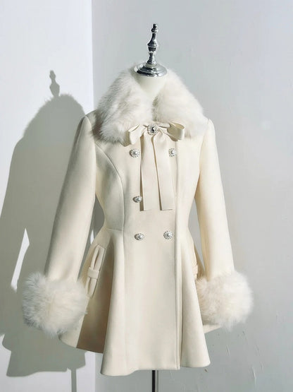 Apricot Coat Jirai Kei Big Bow Breasted with Double Detachable Fluffy Collar and Cuffs Rhinestone