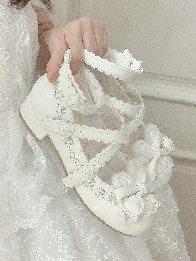 White Low-Heel Mary Janes with Crisscross Straps by Sheep Puff