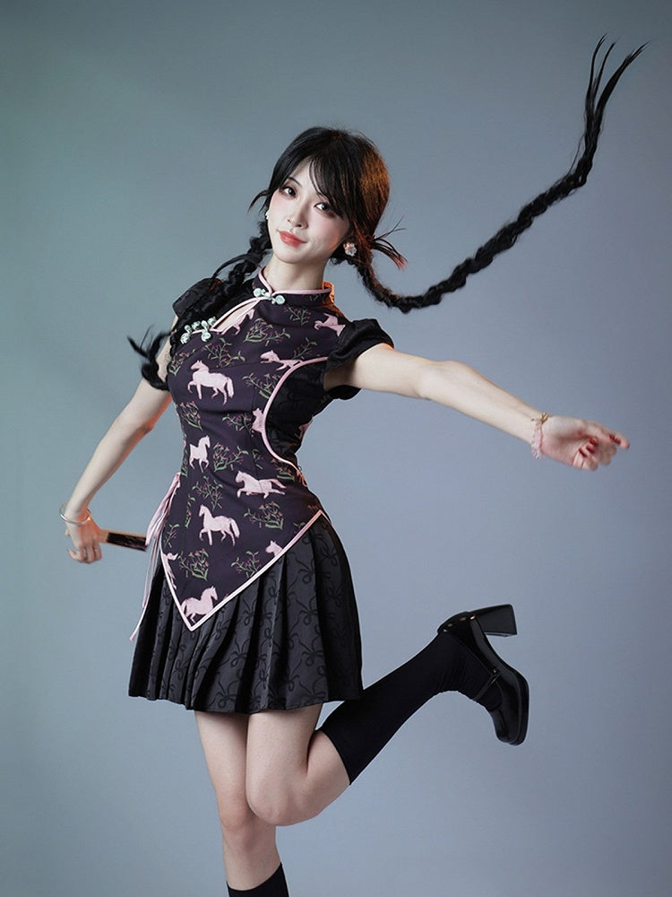 Sweet Cheongsam Dress with Horse Pattern & Pleated Skirt - sijinstudio