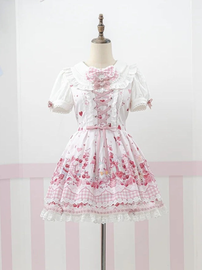 Pink Bunny and Cherry Print Short-Sleeve OP Dress with Matching Skirt - Doki Cherry