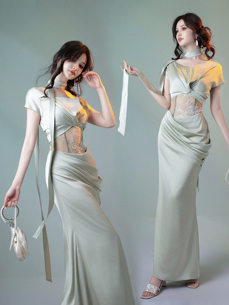 Green Satin Fish Tail Dress with Self-Tie Strap and Lace Waist - sijinstudio