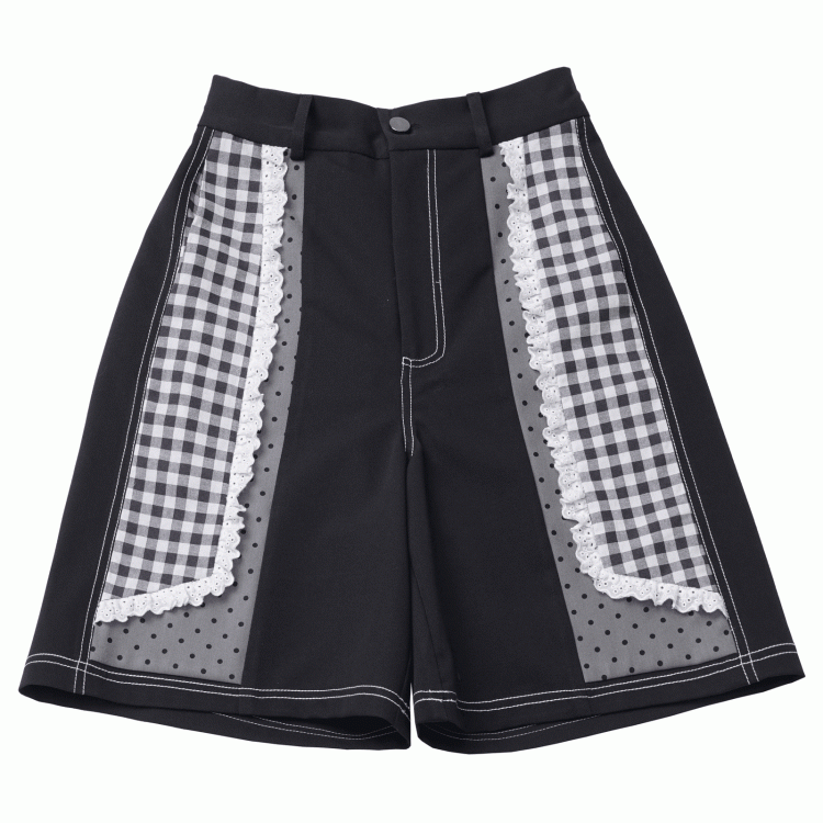 Black Plaid Patchwork Lace Trim Wide-leg Shorts White and
