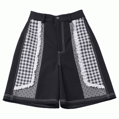 Black Plaid Patchwork Lace Trim Wide-leg Shorts White and