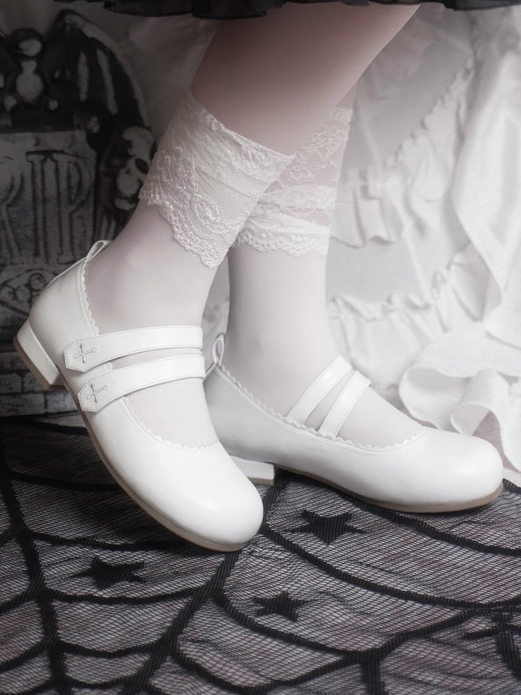 Round Cross White Flats Velcro Gothic Embroidery Toe Strap Closures