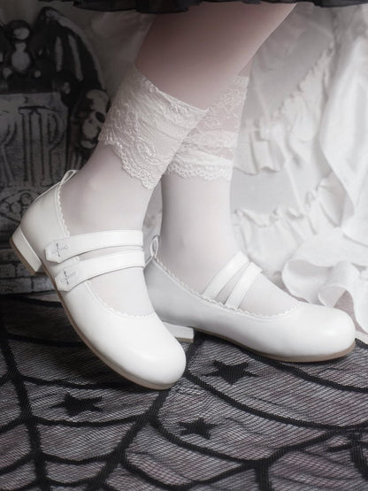Round Cross White Flats Velcro Gothic Embroidery Toe Strap Closures