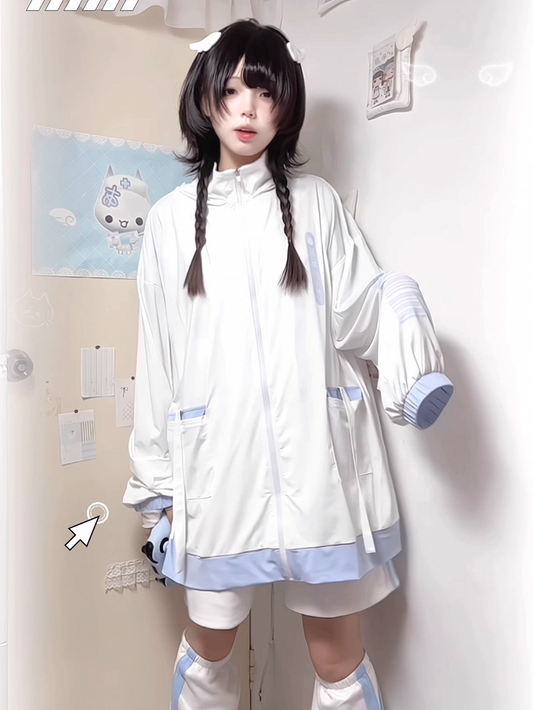 Hooded Full-Zip with - Blue Tenshi Jacket Banded Front Protection Kaiwai Sun Light Collar