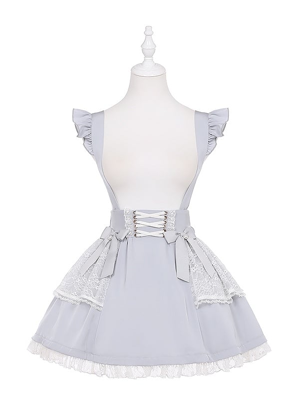 Ruffled Lace Trim Flutter Sleeves Kei Embellished Gray Bowknots Jirai Overalls