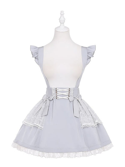 Ruffled Lace Trim Flutter Sleeves Kei Embellished Gray Bowknots Jirai Overalls