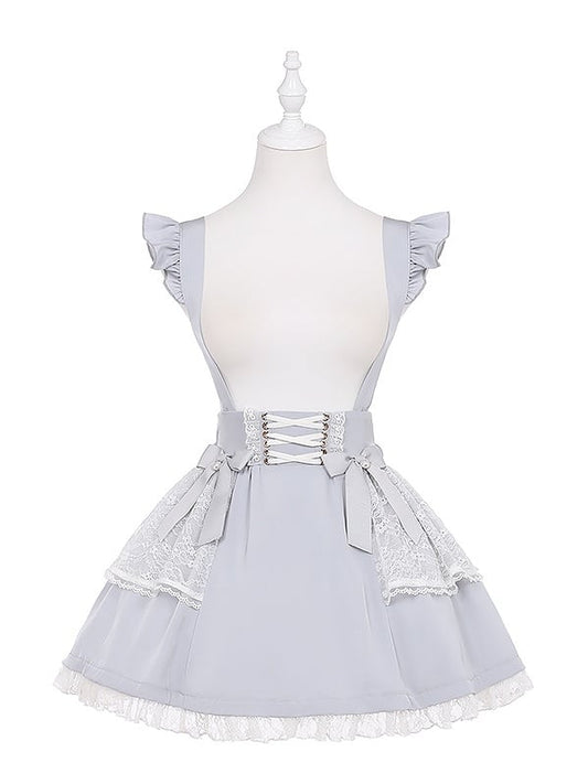 Ruffled Lace Trim Flutter Sleeves Kei Embellished Gray Bowknots Jirai Overalls