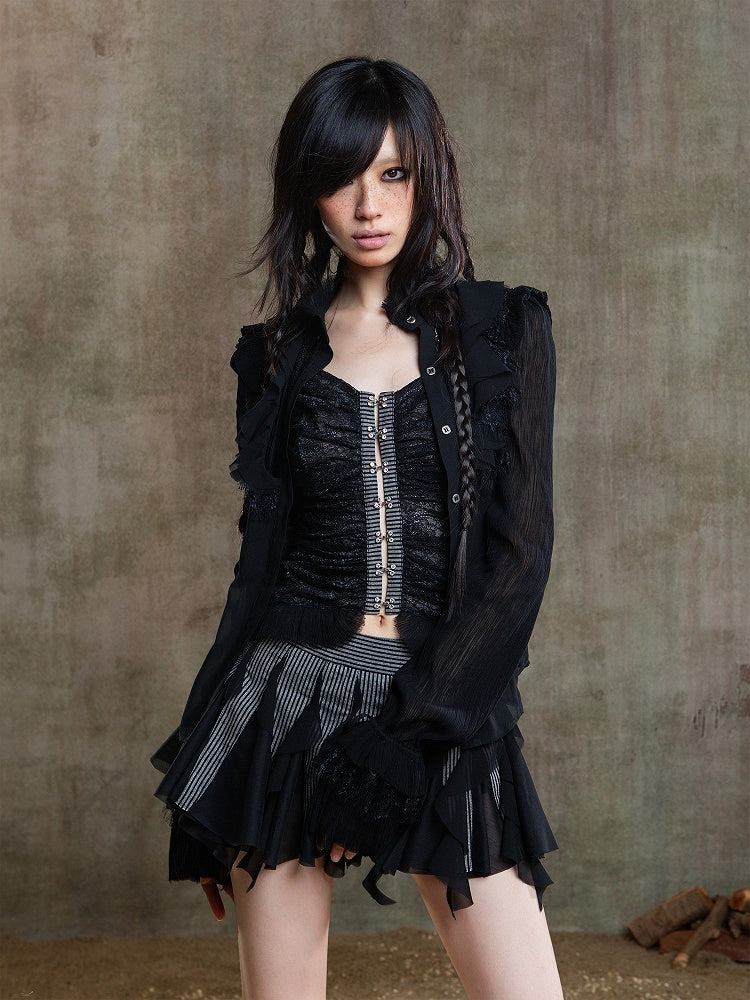 Gothic Floral Semi-Sheer Blouse Chiffon Sleeves Black Embroidery Punk Poet with