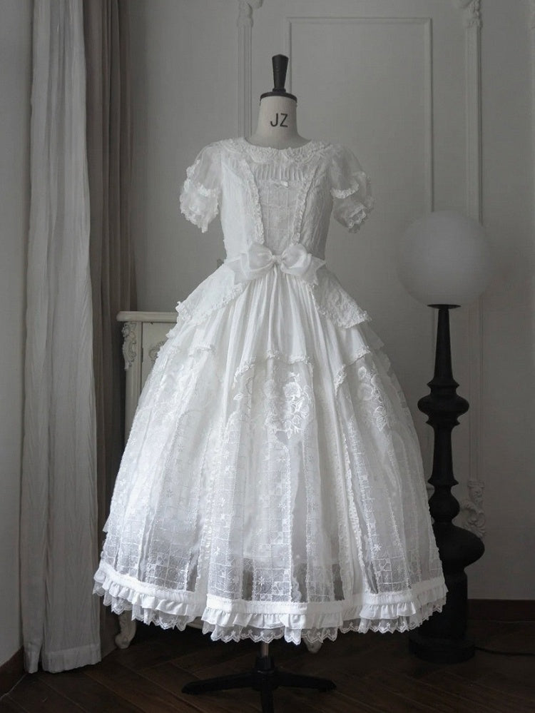 Classic Ivory Puff-Sleeve OP Gown with Sash & Lace Accents - Sleepless Unanswered