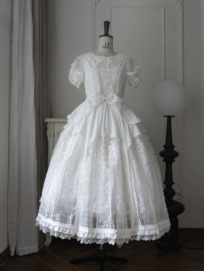 Classic Ivory Puff-Sleeve OP Gown with Sash & Lace Accents - Sleepless Unanswered