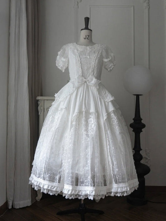 Classic Ivory Puff-Sleeve OP Gown with Sash & Lace Accents - Sleepless Unanswered