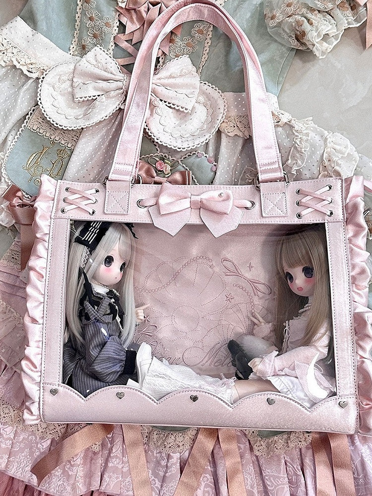 Transparent Window Bowknot Ruffled Satin Pink Bag for BJD Doll - Salt Tea