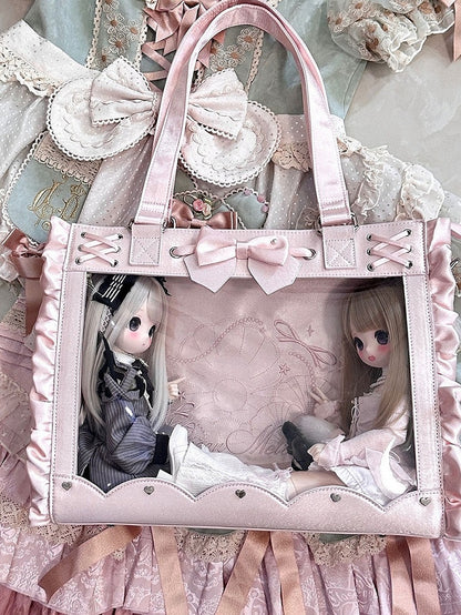 Transparent Window Bowknot Ruffled Satin Pink Bag for BJD Doll - Salt Tea