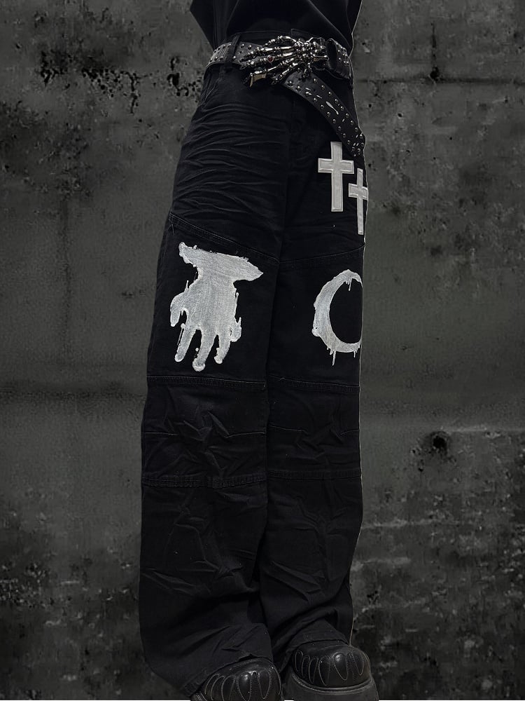 Moon with Pattern Black Cross Wide-leg Hand Jeans Patch Y2K