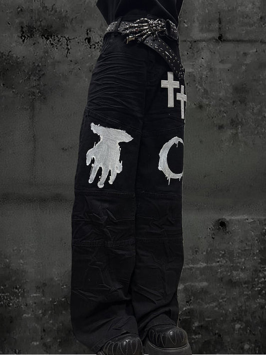 Moon with Pattern Black Cross Wide-leg Hand Jeans Patch Y2K