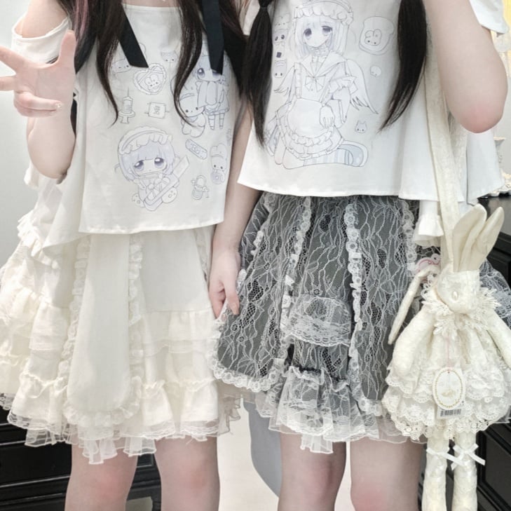 Jirai Kei Lace Double-Layered Bunny Ears Design Black/White/Pink
