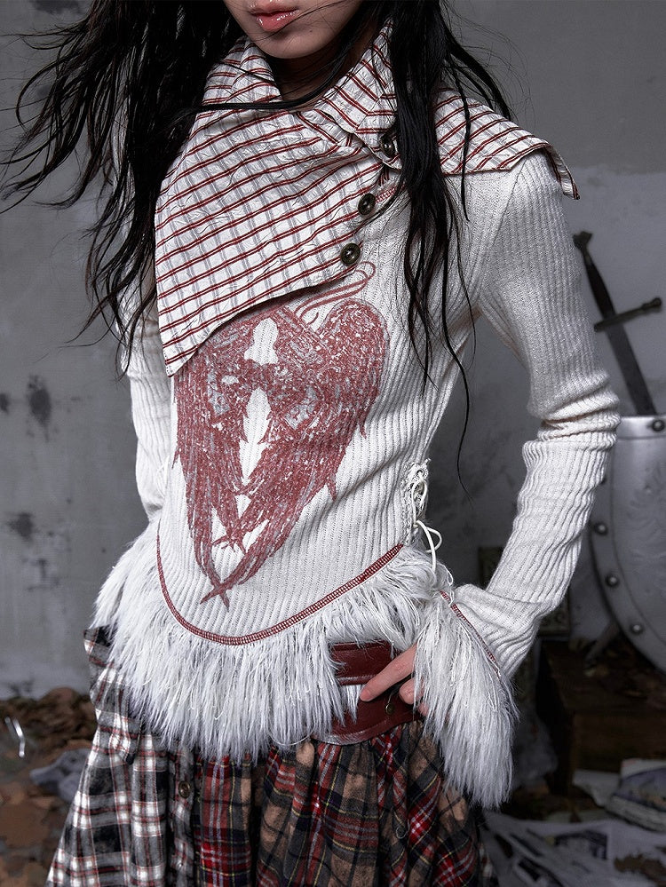 Shawl Vintage Red Print Christmas Plaid Knit Punk Top White Collar Wing with