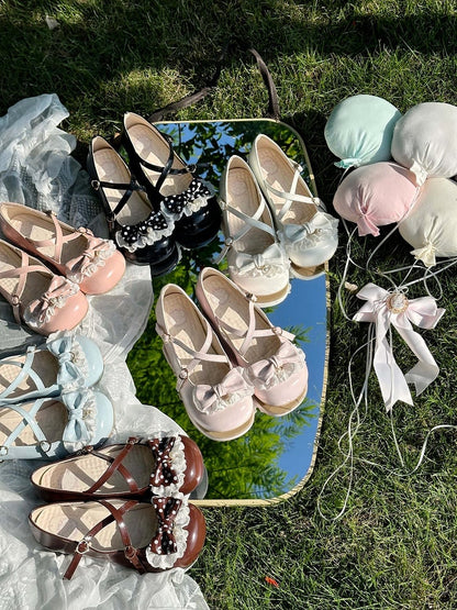 Blue Straps Sweet Trim with Heels Low 2.5cm Lace PU Crisscross Lolita