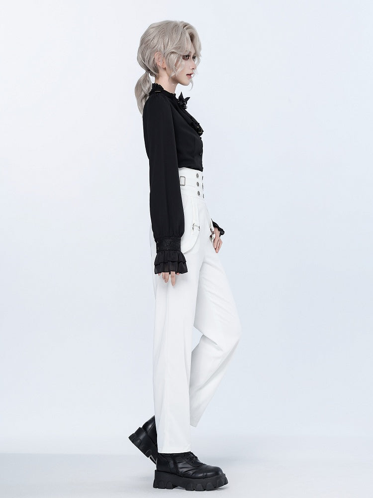 High-Rise White Ouji Pants with Buttons and Buckles - DevilInspired Exclusive Collection