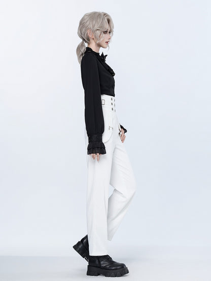 High-Rise White Ouji Pants with Buttons and Buckles - DevilInspired Exclusive Collection