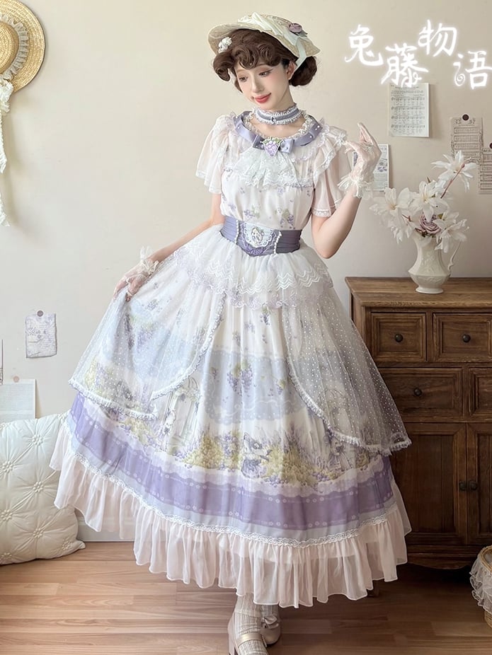 Set Elegant Top Classic Full Purple - Grape-Print Necklace Skirt + Lolita