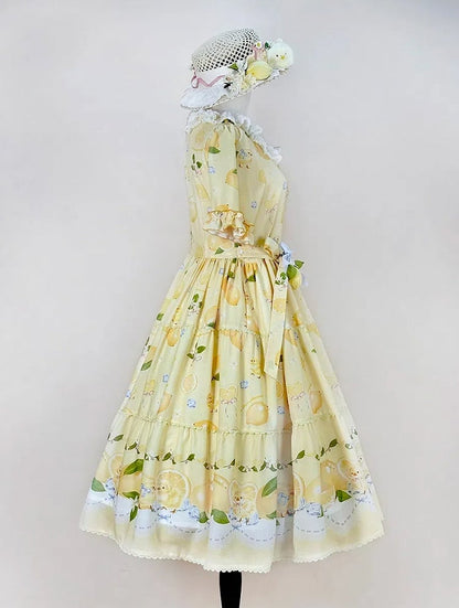 春とひよこドレス袖ショート夏プリントロリータレモンイエロー