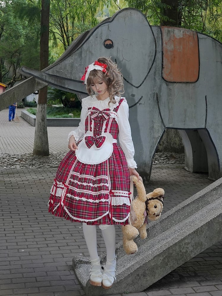 mit Akzenten Rock gewellter Pullover süß kariert Lolita Schleife Rand roter Besatz