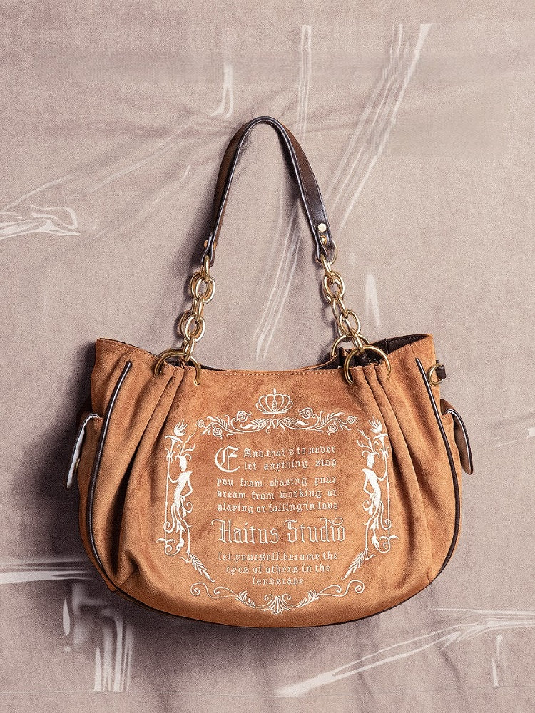 Capacity Vintage Brown Gothic Lettering Embroidered Tote Bag with Large