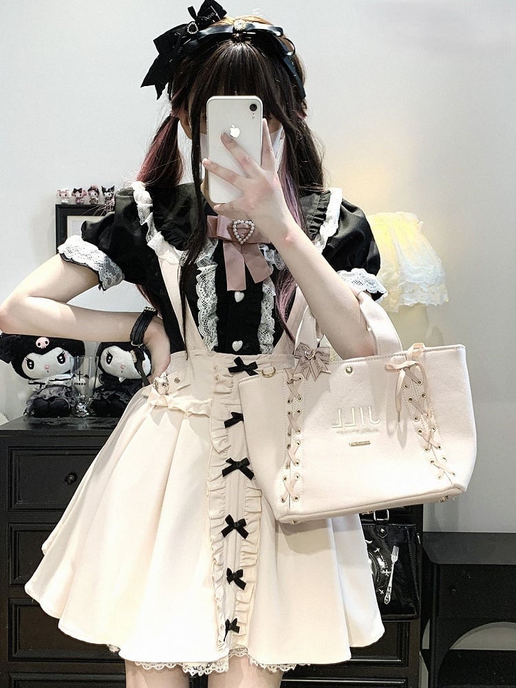 Spitzen-Shorts-Kleid mit blau/weiß/pink/schwarzem Kei-Schleifendetails, Jirai-Overall