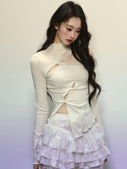 アプリコットカットアウトショルダーモックネックトップス（アシンメトリーヘム）