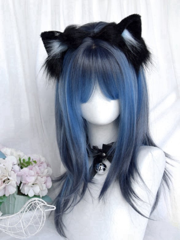 Schwarz-blaue Ombre-Perücke über der Brust, glatte Länge mit Pony