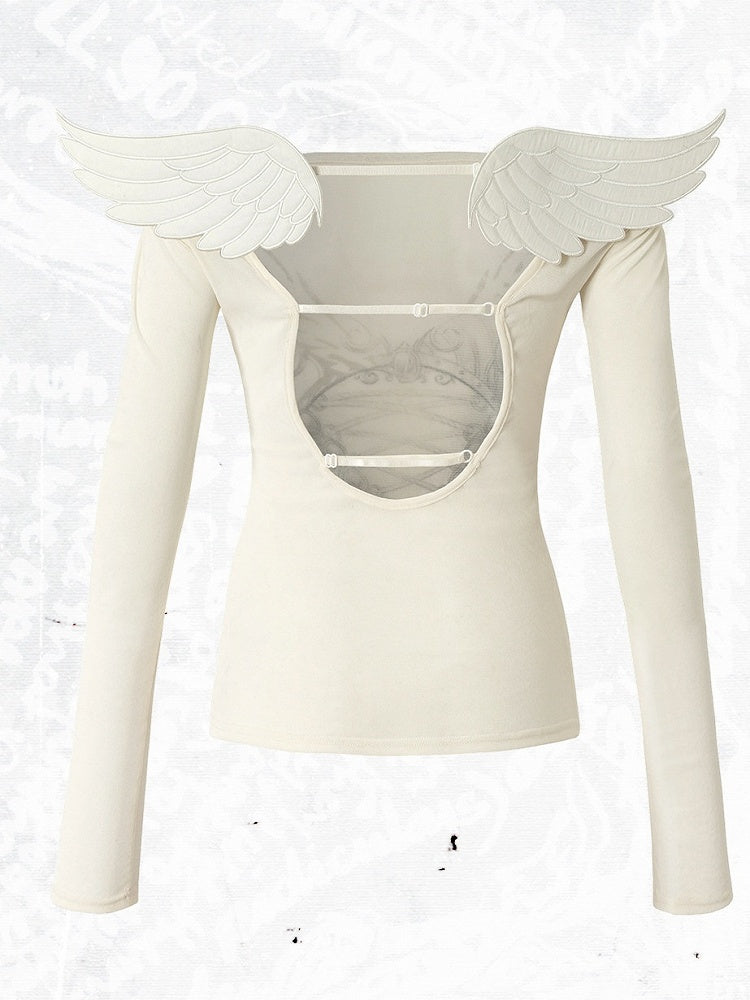 Off-White Heart Print Off-Shoulder Long Sleeve Flocked Knit Top with Back Cutout & Wing Decoration - NO ROMANCE