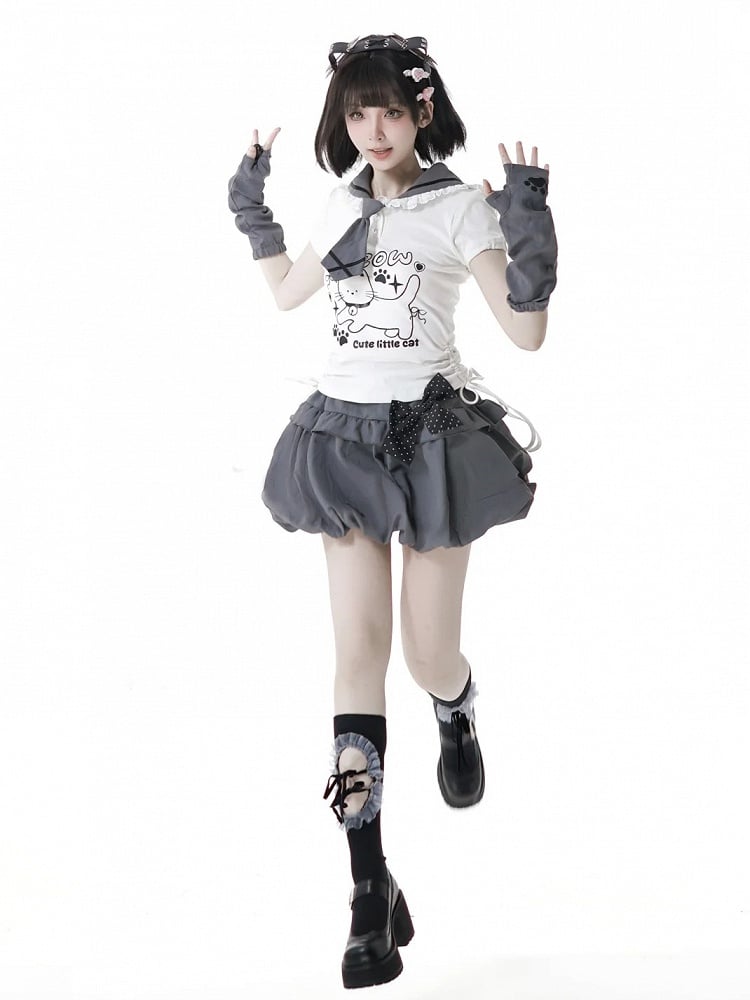 Side Armwear Free Ears with T-shirt Kitty Design Sailor Collar White Drawstring