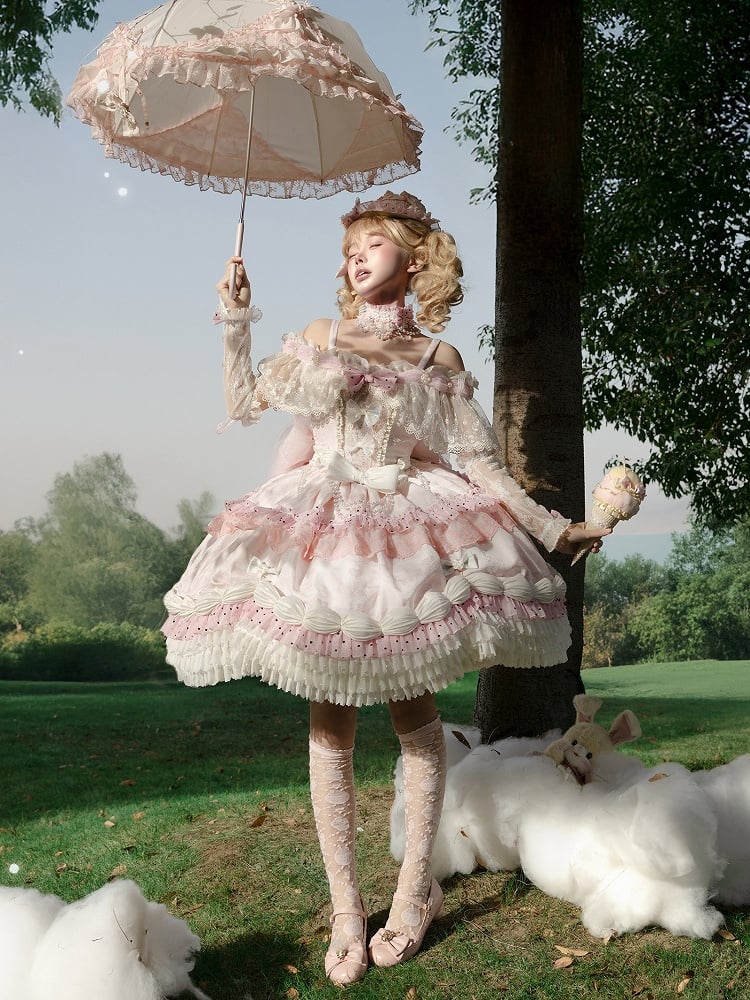Wrist Shoulder KC Choker Veil Mini Hime Cuffs Set + Off Pink Lolita Full Hat Dress