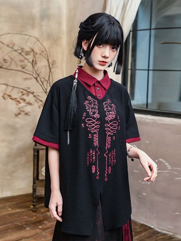 With Talisman Short-sleeve Gothic Fake Blouse Black Two-piece Chinese Print Red
