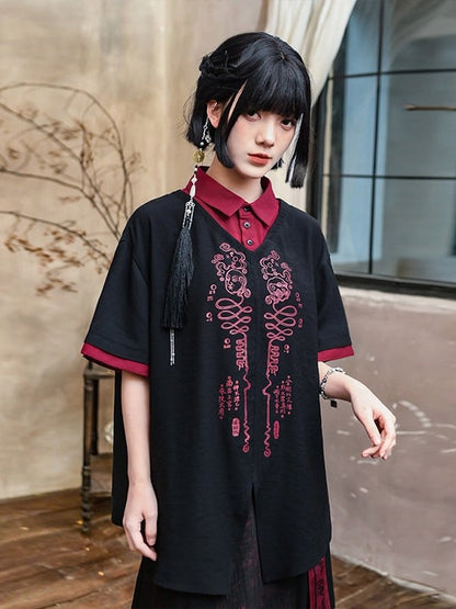 With Talisman Short-sleeve Gothic Fake Blouse Black Two-piece Chinese Print Red
