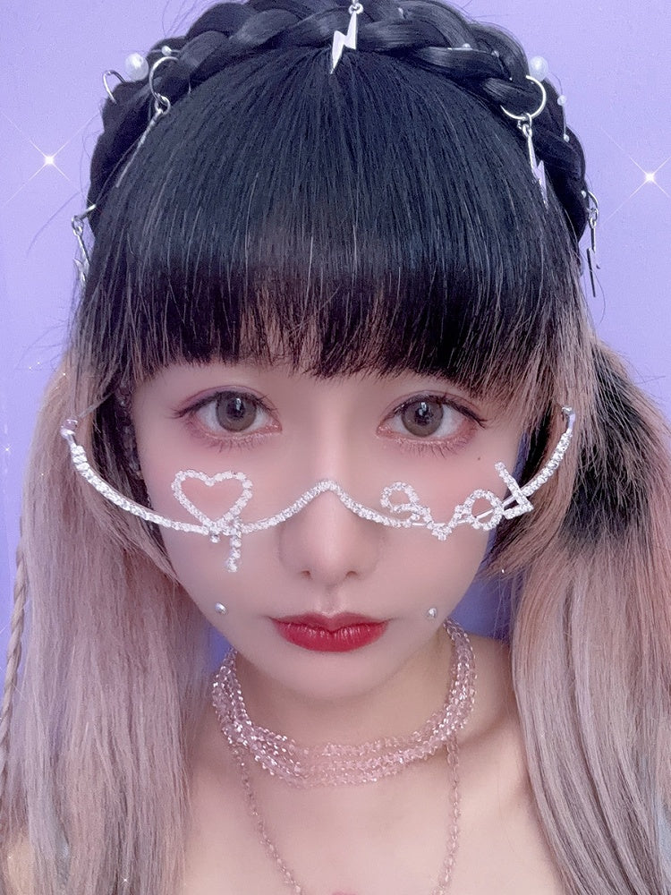 And Rhinestone Frame Eyeglasses Silver Heart Punk Letter Dcorated